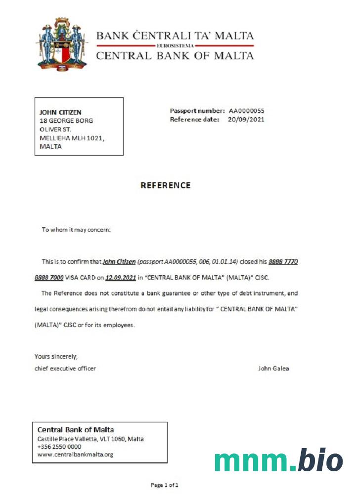 Przykład odniesienia do zamknięcia Malta Central Bank of Malta w formatach Word i PDF